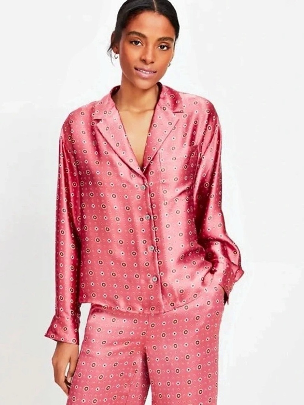LOFT Satin Notch Collar Pajama Top Pink